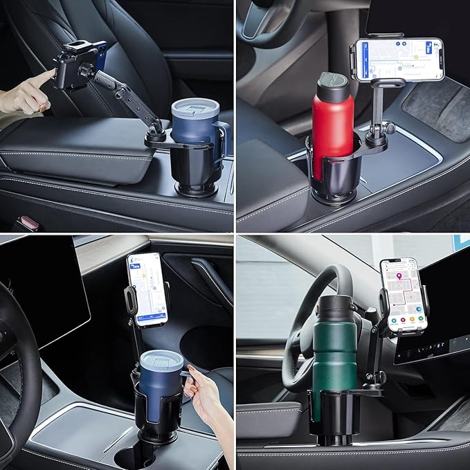 This Hill Car Cup Holder Expander Adjustable Base with Phone Mount 360° Rotation Cup Holder Cell Phone Holder for Car Compatible with iPhone All Smartphones