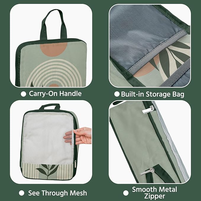 7 Pcs Compression Packing Cubes for Travel, Waterproof Suitcase Luggage Backpack Organizer with Toiletry Bag Travel Essentials for Women/Men-Green Bohemia