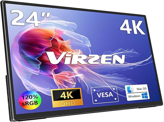 4K Large Portable Monitor 24” UHD 3840 * 2160 120% sRGB IPS Dual Speaker USB-C HDMI Extend Second Screen Display VESA Kickstand for Mac External PC Laptop Phone PS4/PS5