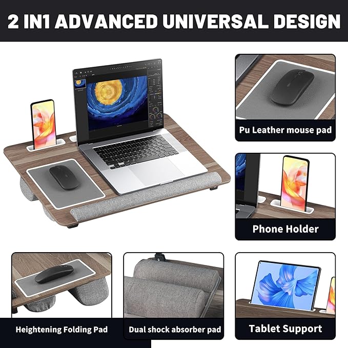 Lap Desk Bed Desk,17In Foldable Laptop Bed Tray Table with Mouse Pad,Wrist Rest and Adjustable Dual Cushion, Portable Wood Laptop Stand for Bed Sofa,Multifunctional Slot for Tablet & Phone