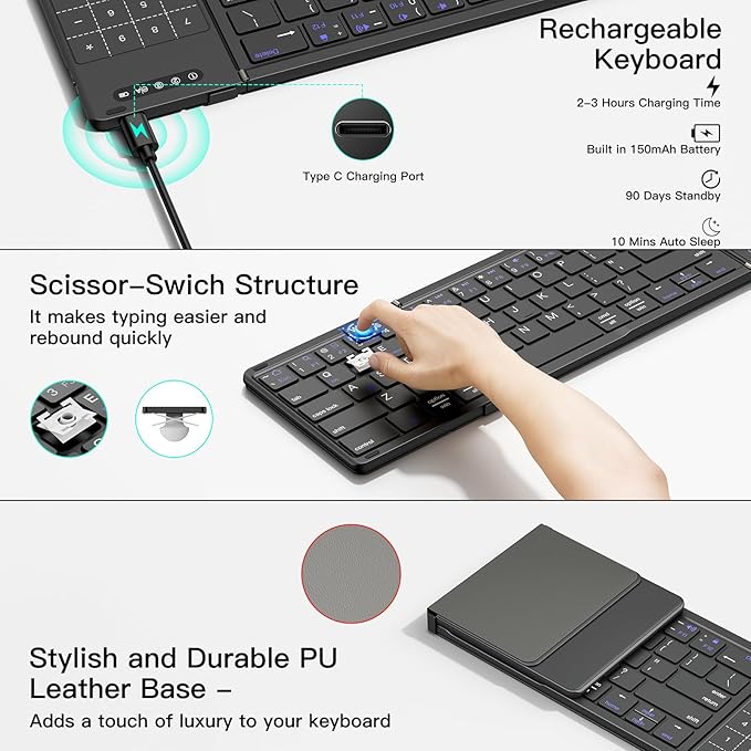XIWMIX 2-in-1 Foldable Bluetooth Keyboard with Touchpad & Number Pad, Multi-Device Folding Wireless Rechargeable Portable Travel Keyboard for iPad,Laptop,PC,Compatible with Windows,iOS,Android,MacOS