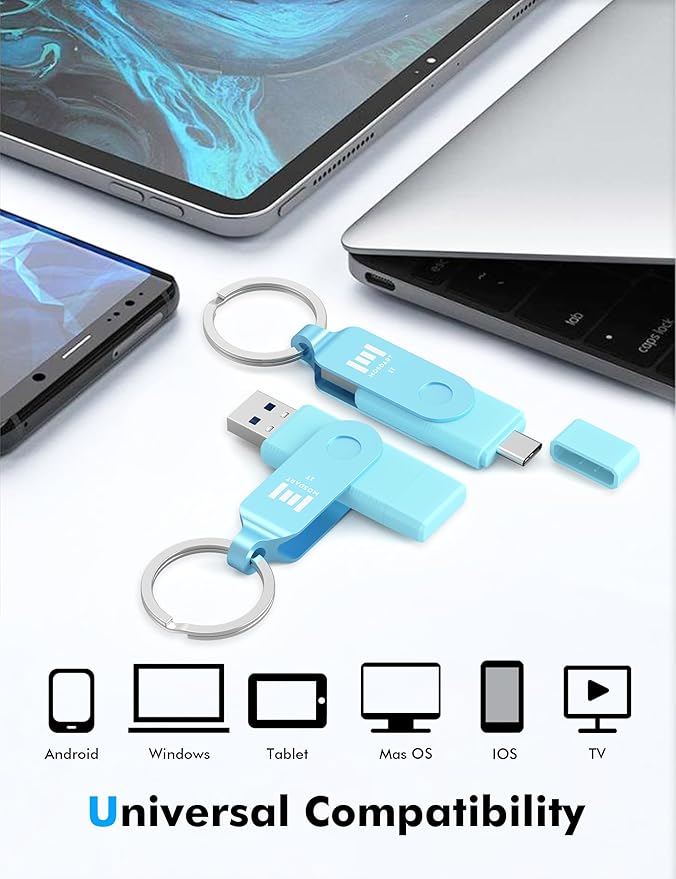MOSDART 1TB USB3.1 Fast Speed C and A Dual Flash Drive, exFAT Memory Stick with Keychain and LED Indicator, for iPhone 15 and 16, Android Phone, iPad, MacBook, and Other Laptops, Sky Blue