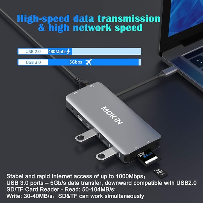 USB C Hub Multiport Adapter-10 in 1 Portable Dongle with 4K HDMI, VGA, Ethernet, 3 USB Ports, Audio, PD Charger, SD/Micro SD Card Reader Compatible for MacBook Pro, XPS More Type C Devices.