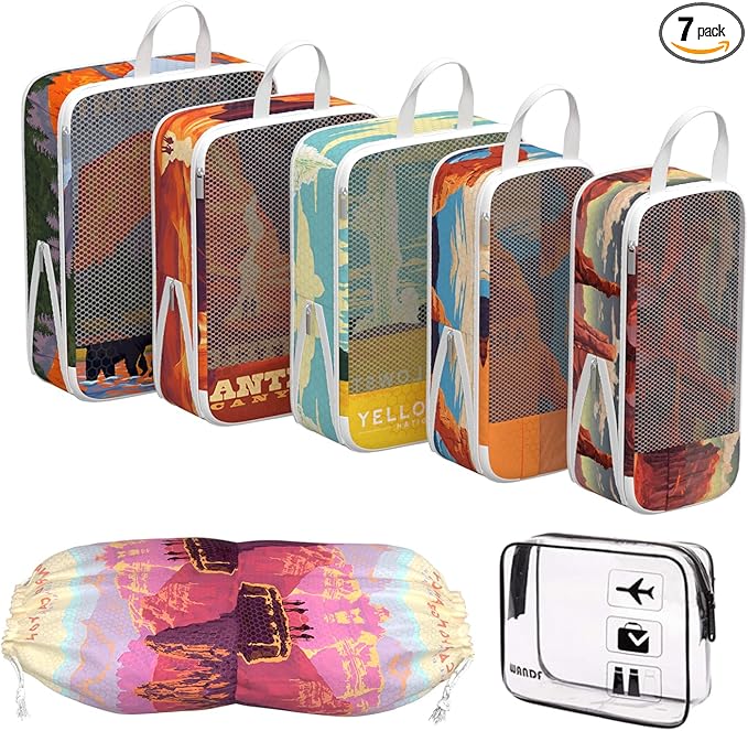 Compression Packing Cubes for Travel, 7 Set National Park Expandable Mesh Luggage Organizers, Waterproof Expandable/Compression Bags Travel Packing Cubes with Clear Toiletry Bag