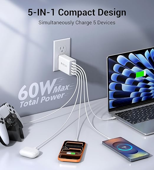 60W Fast Charger Block,2-Pack USB C Wall Charger,5-Port Dual 30W PD Charging Adapter+QC 3.0 Wall Plug Multiport Total power 60W Type C Charging Cube Brick For iPhone 17/16/15/14/13/Pro Max,iPad,Galaxy