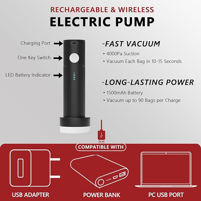 SUOCO Travel Vacuum Seal Bags for Clothing with Rechargeable Electric Pump, 8 Medium Compression Packing Bags for Luggage Suitcase Backpack, Carry-on Size Space Saver Storage