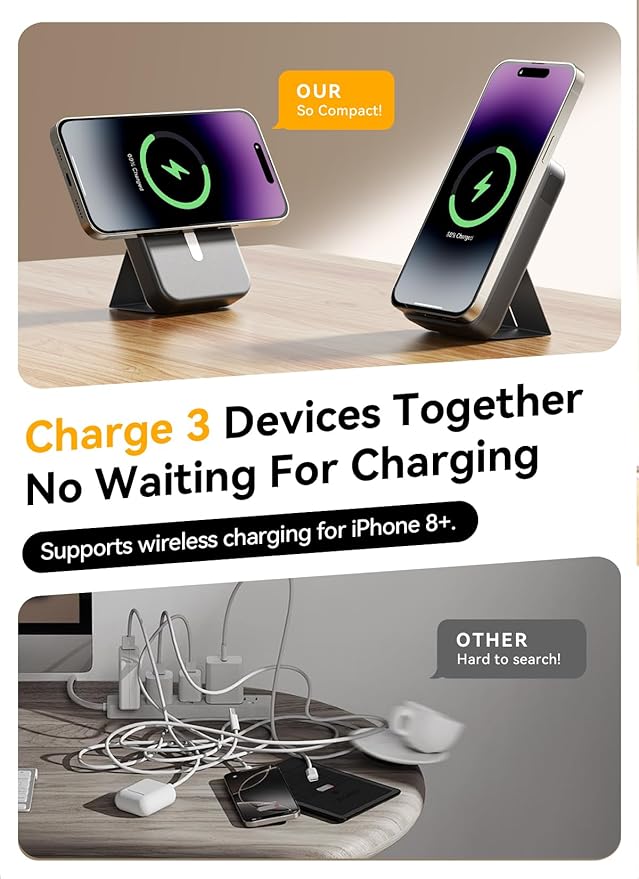 Magnetic Portable Charger, 10000mAh Wireless Power Bank with 20W USB-C Fast Charging, Foldable Stand & LED Display Magnetic Battery Pack, Compatible with iPhone 17/16/15/14/13 All Series