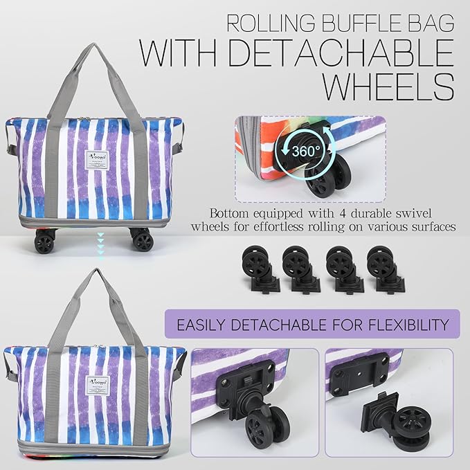 VOOWO Rolling Duffel Bag - Foldable Expandable Duffle With Wheels for Travel, Luggage Carry On, Large Backpack Weekend Bag for Men Women (Rainbow)
