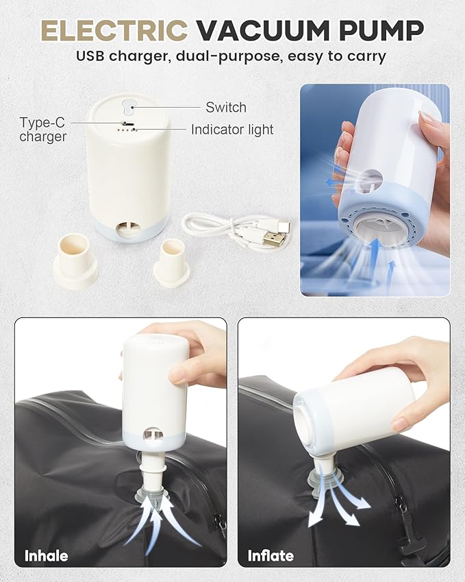 Vacuum Travel Backpack with Pump for Women,Personal Item Carry on Backpacks Flight Approved 18x14x8 inches for Men,Laptop Waterproof Work Compression bags Casual Daypack Khaki