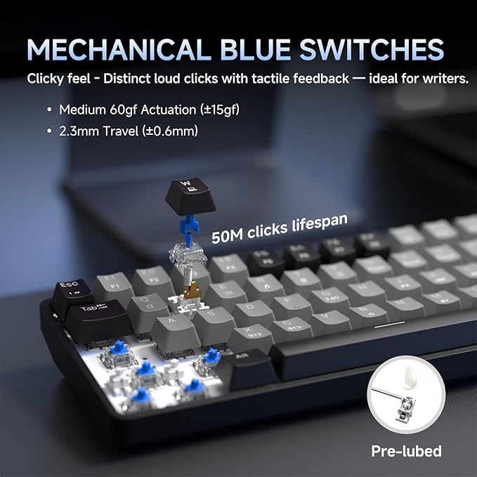 DIERYA DK68 60% Wireless Mechanical Gaming Keyboard, 3 Modes Bluetooth/2.4G/USB-C with Clicky Blue Switch, RGB Backlit, Anti-Ghosting, 68-Key Compact mini Keyboard for Windows/macOS/Linux- Black/Grey