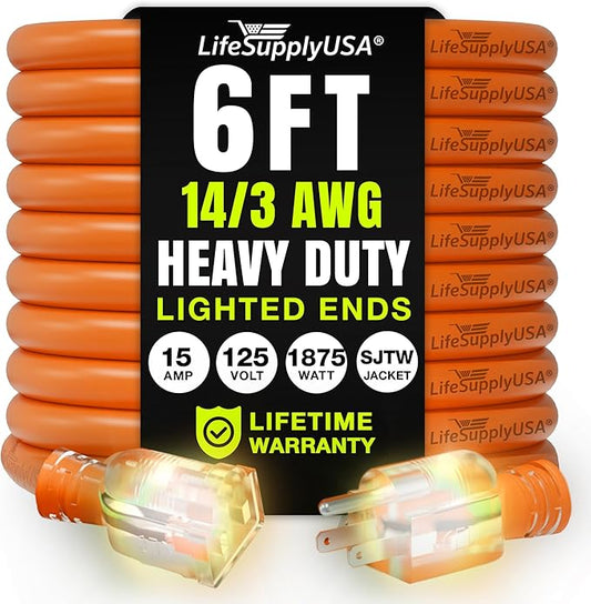 6ft Outdoor/Indoor Extension Cord 14/3 Gauge Heavy Duty 3 Prong SJTW, Waterproof, Flexible Cold-Resistant Long Power Cord,15A 125V 1875W, Orange by LifeSupplyUSA