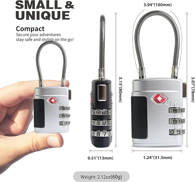 Luggage Locks TSA Approved 2 Pack, Small Combination Padlock, TSA Locks for Luggage, Combo Cabel Padlock for Travel Suitcase, Gym Locker, Gun Case, Ammo Can, Backpack Zipper (Black+Silver)