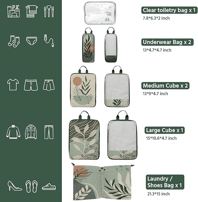 7 Pcs Compression Packing Cubes for Travel, Waterproof Suitcase Luggage Backpack Organizer with Toiletry Bag Travel Essentials for Women/Men-Green Bohemia