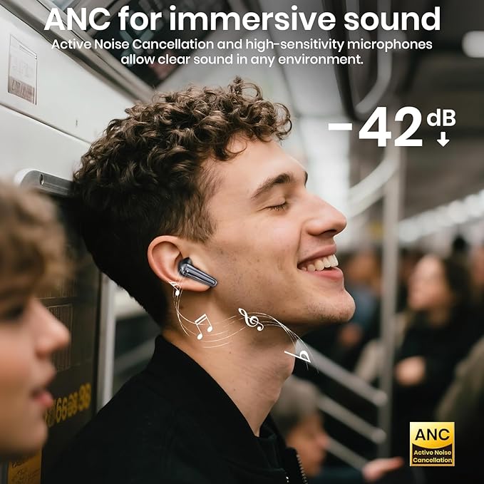 Wireless Earbuds Bluetooth 5.4 Light Weight in Ear Earphones 10mm Drivers with Powerful Bass IPX5 Waterproof Headphones 60H Long Playtime Bluetooth Headphones ANC ENC Noise Cancelling Black