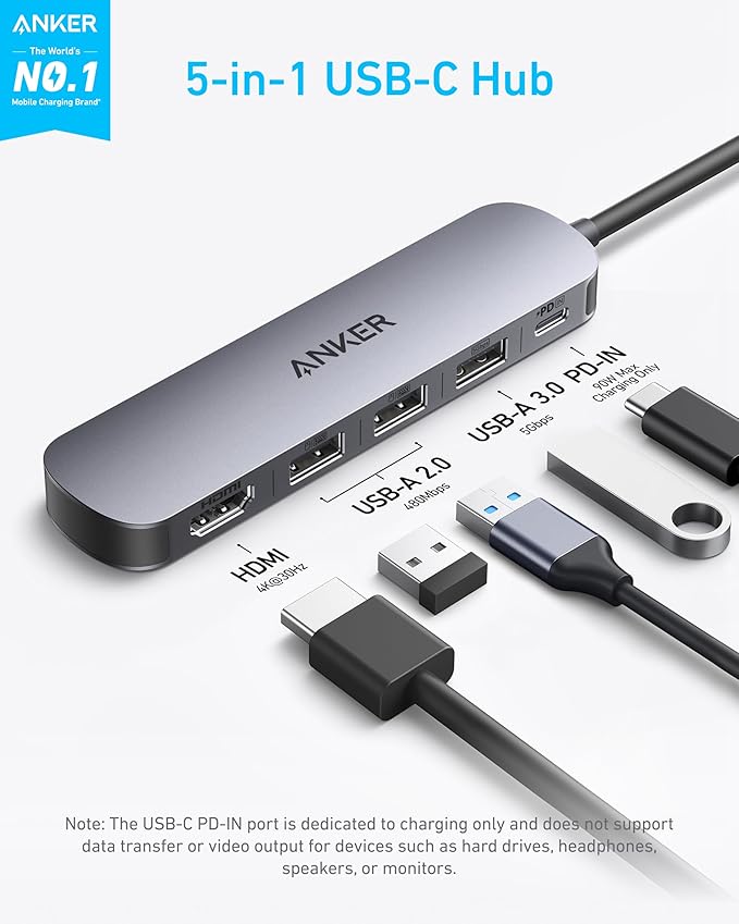 Anker USB C Hub, 5-in-1 USB Hub for Laptops, 4K HDMI Multiport Adapter with 90W Max Power Delivery, USBC & USBA Data Ports USB C Dongle, Compact for MacBook, Dell, and More (Charger Not Included)