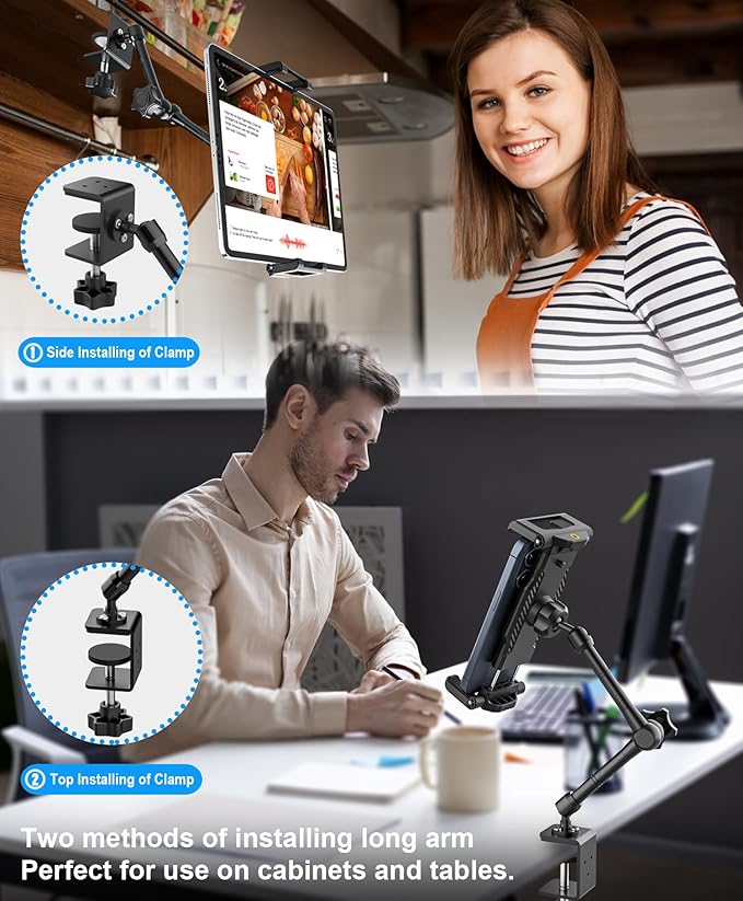 Desk Kitchen Tablet Holder [Suitable for Tabletop & Cabinet] Adjustable Metal Arm Cupboard Tablet Mount Stand for iPad Pro 12.9 Air Mini, Galaxy Tab Ultra, Switch, 6-14.6" Devices