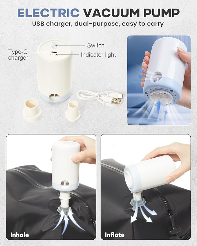 Vacuum Travel Backpack with Pump Women,Personal Item Carry on Backpacks Flight Approved 18x14x8 inches Men,Laptop Waterproof Work Compression bags Casual Daypack Mochila de Viaje Compresion al Black