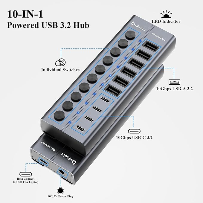 Powered USB Hub, 10-Port USB C Hub with 6 USB-A 3.2, 4 USB-C 3.2 Ports, Individual Switches and 12V/5A Power Adapter, Aluminum USB Extension for MacBook, Laptop/PC and More.