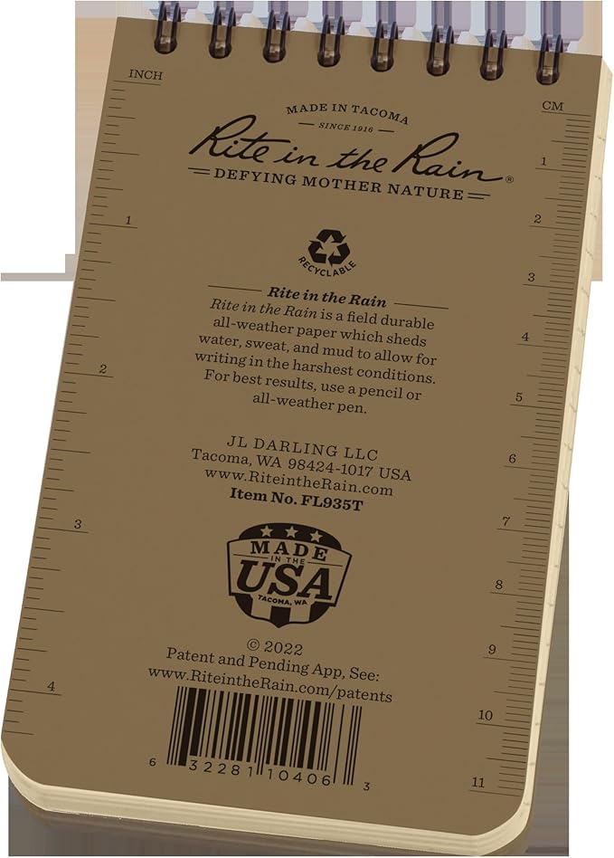 Rite in the Rain Weatherproof Top Spiral Notebook, 3" x 5", Tan American Flag Cover, Universal Pattern, 3 Pack (No. FL935T-3)