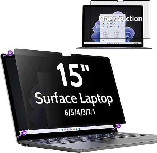 Privacy Screen for 15 Inch Surface Laptop 6/5/4/3/2/1, MagicSuction™ Removable Anti Spy Black Protector, Glare Blue Light Filter for Microsoft Laptop Computer Monitor