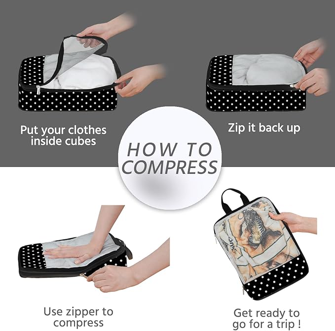 7 Pcs Compression Packing Cubes for Travel, Waterproof Suitcase Luggage Backpack Organizer with Toiletry Bag Travel Essentials for Women/Men-Polka Dots