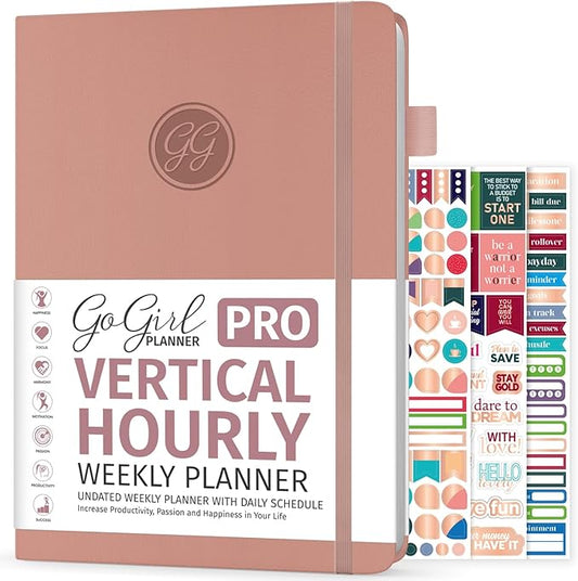 GoGirl Planner PRO Schedule - Undated Planner with Hourly Time Slots, Monthly, Weekly & Daily Organizer, Appointment Book for time Management, 7"x10" Hardcover, Lasts 1 Year - Dusty Pink
