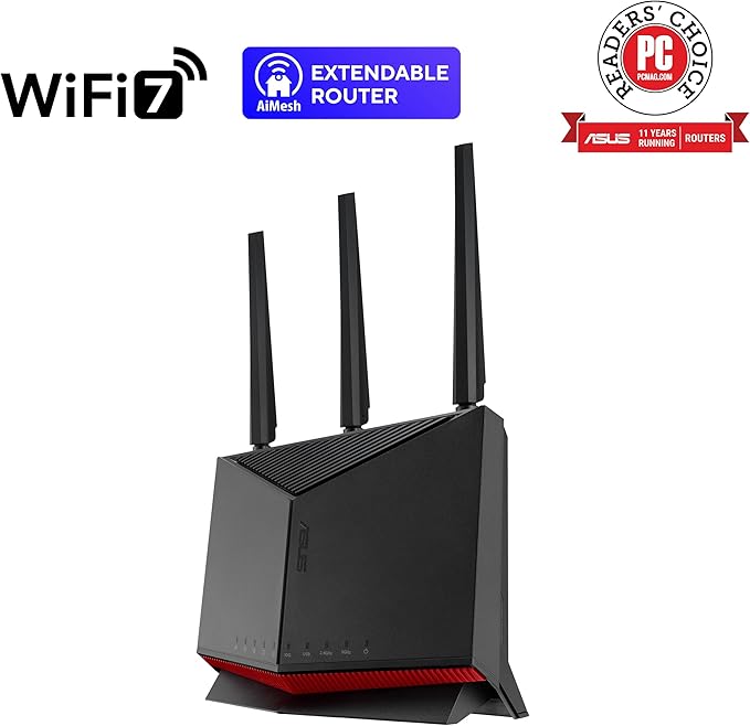 ASUS RT-BE86U BE6800 Dual-Band WiFi 7 Router, Supports 4096-QAM, MLO, AI WAN Detection, AiMesh, Subscription-Free Network Security, and Comprehensive VPN Features, Guest Network Pro, Gaming