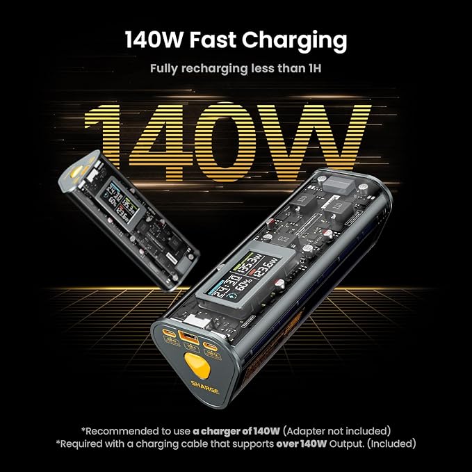 SHARGEEK 170 Power Bank, 140W PD3.1 Portable Charger 24,000mAh/ 86.4Wh High Capacity with Smart Display, 170W Total Output Battery Pack for Laptop MacBook Pro iPhone 17/16/15/14 Series