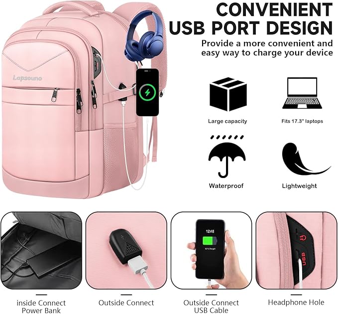 Lapsouno Large Backpack for Women, TSA 17.3 Inch Travel Laptop Backpack with USB Port, College School Business Backpack, Light Pink