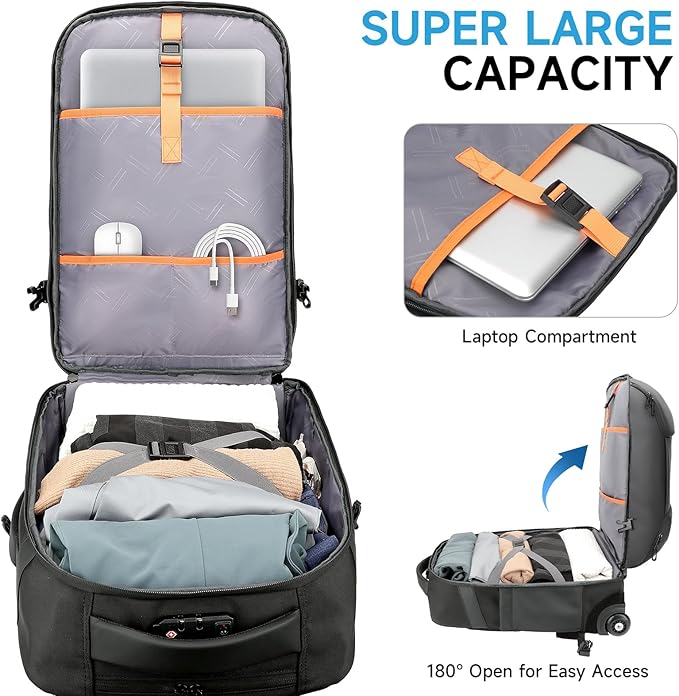 Carry On Backpack,17.3" Travel Backpack with Shoe Compartment,50L Wheeled Backpack Carry On Luggage,Laptop Compartment & USB Charging Port & TSA Approved Lock for Business,Black