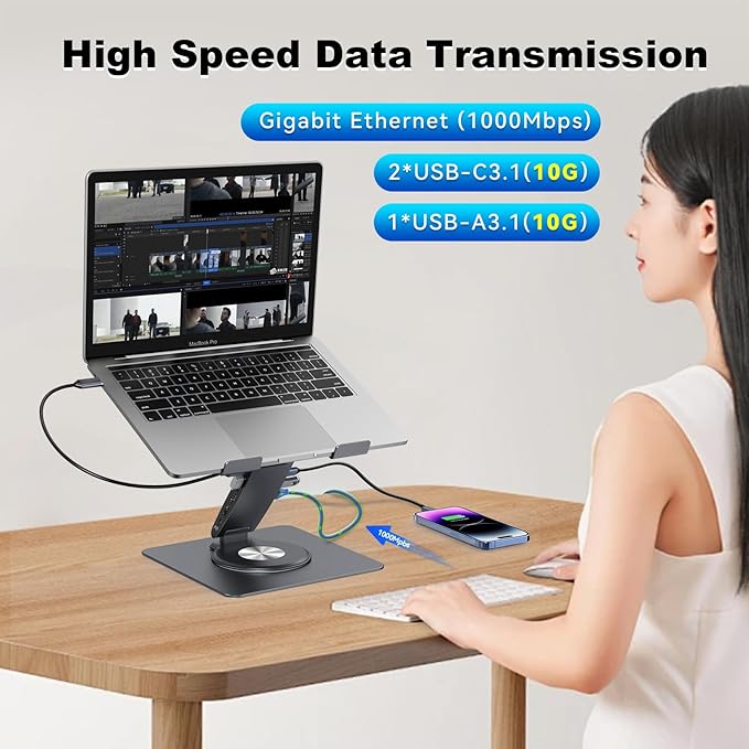 Laptop Docking Station Stand 11-IN-1 Triple Display HDMI DP 4K60Hz Gigabit Ethernet USB3.1 PD100W SD/TF Card Reader Audio 360°Swivel Laptop Stand with USB Hub for MacBookPro/Air/Dell/HP/Surface/Lenovo