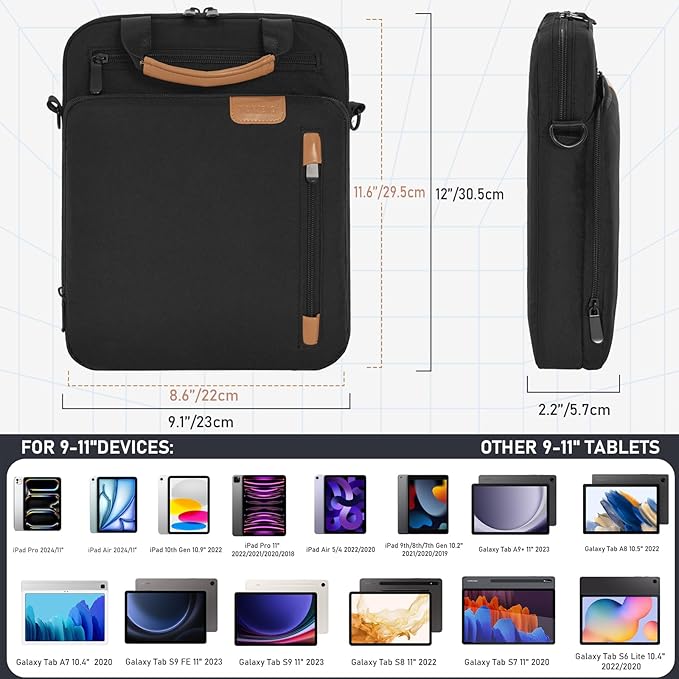 9-11 Inch Tablet Sleeve Bag, Padded Protective Travel Carrying Case for iPad Pro M4 11", iPad Air M2 5/4th 10.9", Air 3th 10.5", iPad 10th 10.9", 9/8/7th 10.2", Galaxy Tab A9+/A8/A7/S8/S7