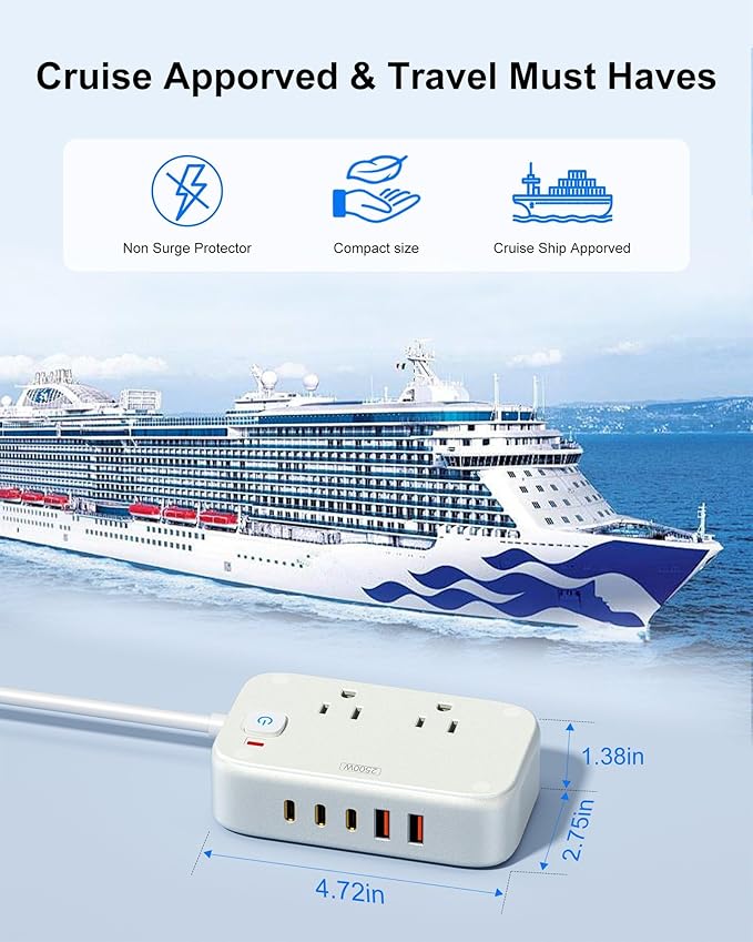 Power Strip with USB C - 40W Charging Station with 2 Outlets 3 USB A & 2 USB C - Charger for Multiple Devices, 5Ft Flat Plug Extension Cord, Non Surge Protector for Cruise Travel Office(White)