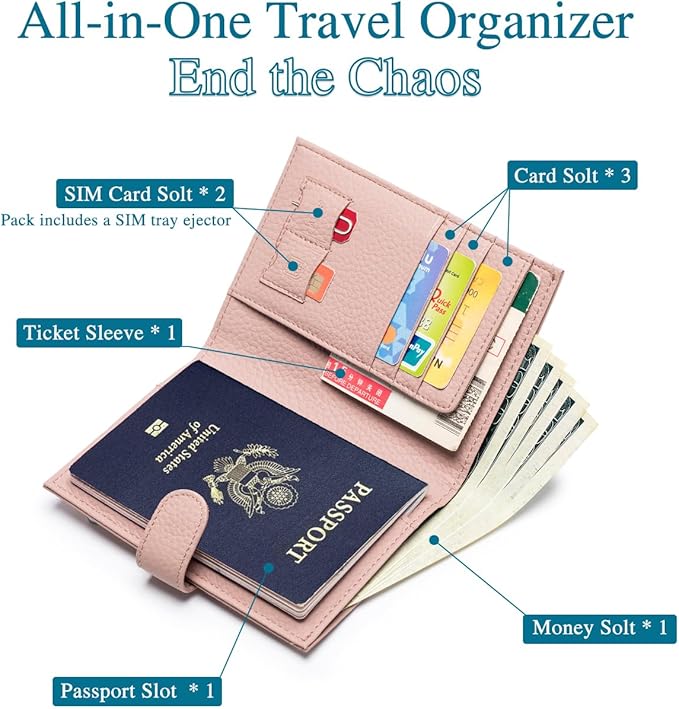 Leather Passport Holder for Travel Women – RFID Blocking Passport Wallet for Women with 1 Passport Slot & 3 Card Slots, Coin Pocket, SIM Card Slot – Slim Travel Organizer Gift (Pink)