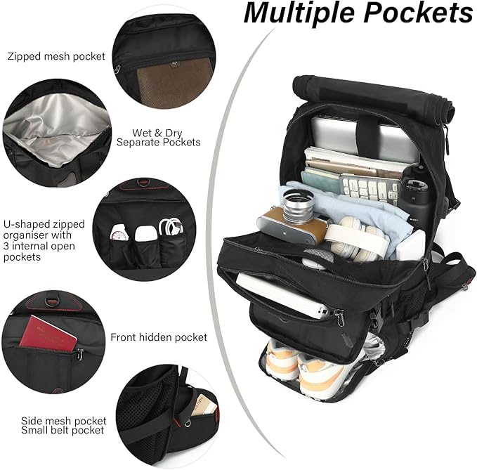 Travel Backpack for Men & Women, 50L Large Carry on Backpack Durable Convertible Duffle Bag Fit for 17 Inch Laptop with Shoe Compartment, Wet Pocket