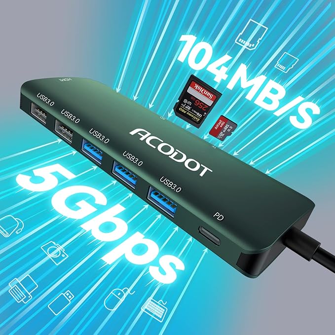 Acodot 9 in 1 USB C Hub - 4K@60Hz HDMI Adapter, 3 USB 3.0 Ports, SD/TF Card Reader, 100W PD, Multiport Adapter for MacBook Pro, Air, HP, XPS, Green