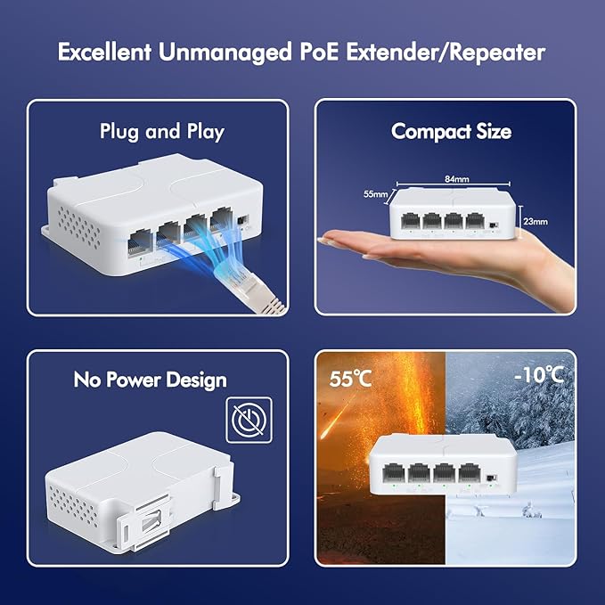 YuanLey 4 Port PoE Extender with 3 PoE Out, IEEE 802.3af/at Mini 4 Channel Repeater 100Mbps, Wall and Din Rail Mount Passthrough Switch/Booster, Plug and Play