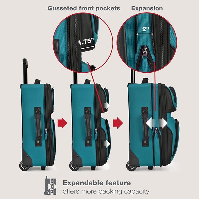 U.S. Traveler Rio Fabric Expandable Carry-on Luggage, Rolling Suitcase, Teal, 2 Wheel Set
