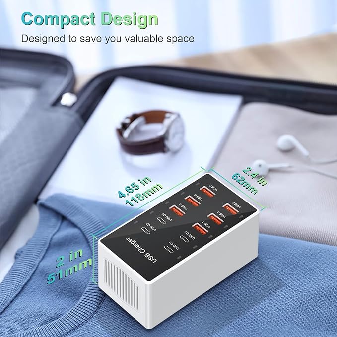USB C Charging Station Cell Phone Wall Charger 10Ports USBC Fast Charging Power Hub Cube 4 USB C 6 USB A Charger Block Power Strip Dock Adapter for iPhone 15/14/13 iPad Android Smart Phones