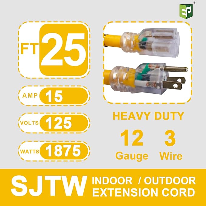 EP 25 ft Lighted Outdoor Extension Cord - 12/3 SJTW Heavy Duty Yellow Extension Cable with 3 Prong Grounded Plug - 15AMP Power Cord for Lawn, Garden, Appliances