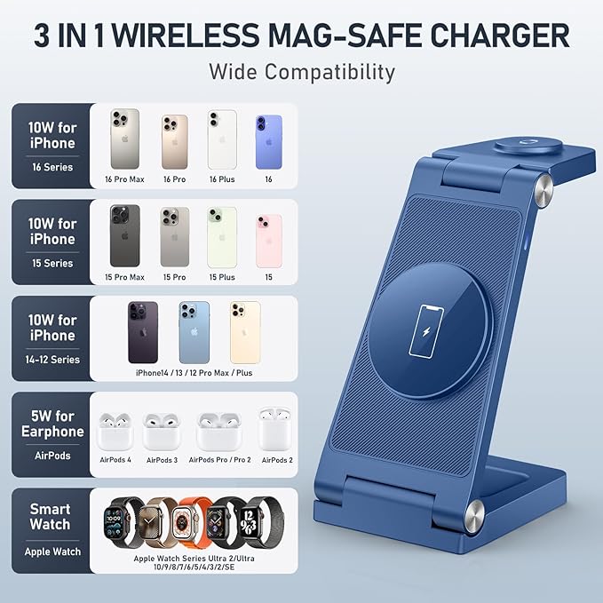 Magnetic Wireless Charger Stand, 3 in 1 Foldable Wireless Charging Station with 20W Adapter, Travel Charger for Multiple Devices for iPhone 17 16 15 14 13 12 Pro/Max/Plus/Mini, iWatch, AirPods