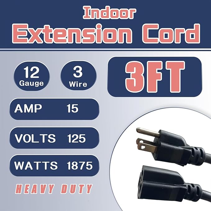 3 Ft Extension Cord - 12/3 SJTW Heavy Duty Black Extension Cable with 3 Prong Grounded Plug - Power Cord for Lawn, Garden, Appliances