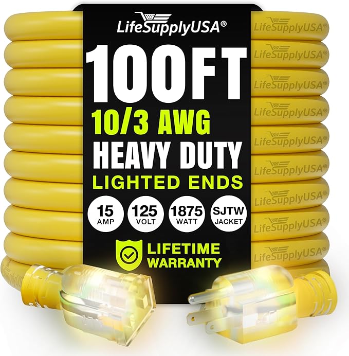 100ft Outdoor/Indoor Extension Cord 10/3 Gauge Ultra Heavy Duty 3 Prong SJTW, Waterproof, Flexible Cold-Resistant Long Power Cord,15A 125V 1875W, Yellow by LifeSupplyUSA