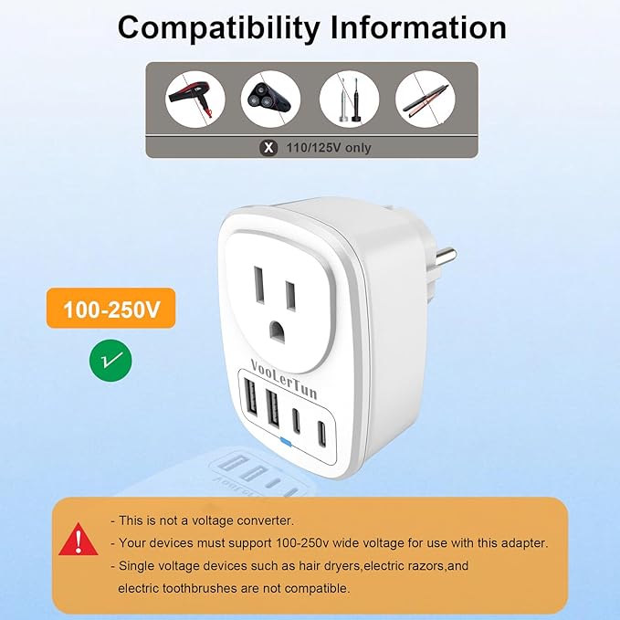 2 Packs Type E F France Plug Adapter, VooLerTun Germany Travel Adapter with 4 USB Charger Ports (2 USB C), 1 American Outlet Adapter. US Converter for EU European Travel Essential