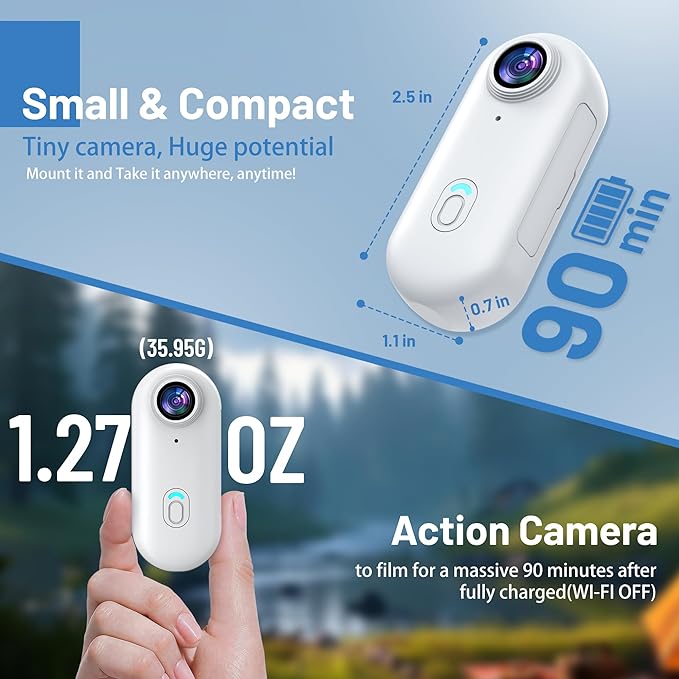 4K Mini WIFI Action Camera 128GB Thumb POV Portable Body Cam Wearable Video Recorder with IPX7 Waterproof Camcorder, Helmet Mount, Magnetic,Pocket Sport DV for Bike Cycling, Pet, Vlogging(White)