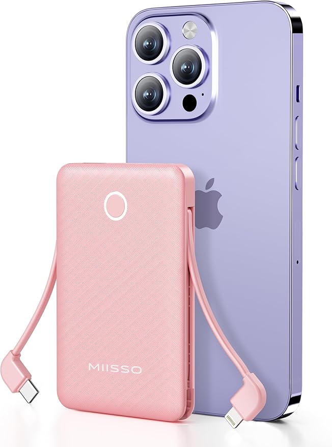 miisso 6000mah Ultra Slim Built in Cables Power Bank, Card Size Built in USB C Cords Battery Pack Portable Charger for Phones, 3 Output External Battery Pack Compatible with iPhone, Samsung, Pink