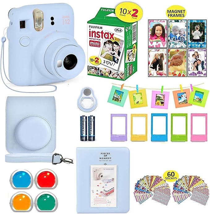 Fujifilm Instax Mini 12 Camera Bundle - Blue, 20 Film Sheets, Case, Accessories