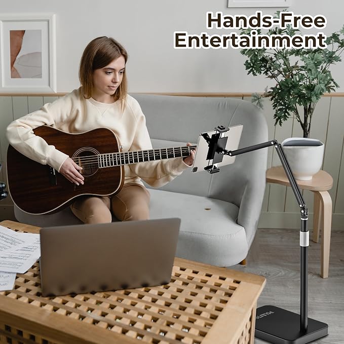 Tablet Floor Stand with 10.6 LB Heavy Metal Base, Adjustable Height Stretchable Arm Overhead Bed Phone Stand, Compatible with iPad mini Air Pro, Kindle, Switch, Galaxy Tab, Cell Phones