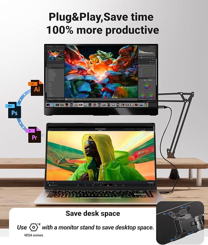 Portable Monitor, Ultra Slim 15.6 Inch FHD IPS Laptop Screen Extender with Adjustable Stand, USB C Compatible, Ideal for Travel and Office