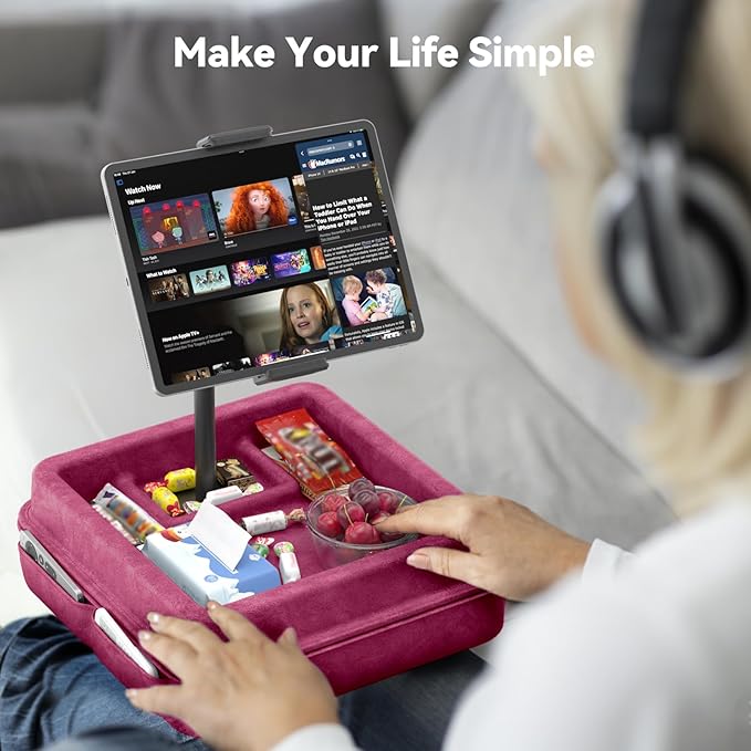 KDD Tablet Pillow Holder - 360°Adjustable iPad Pillow Stand for Lap, Bed and Desk - Gooseneck Tablet Soft Pad Dock with Storage Tray and Pocket Compatible with iPad Pro 12.9, Air Mini, Phone,(Purple)